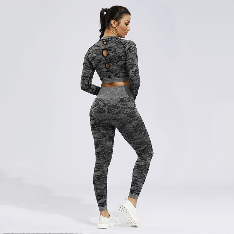 2PCS Camo Seamless Yoga Set Sportswear Women Fitness Clothing Booty Gym Leggings+Long Sleeve Crop Top Sport Suit Workout Clothes