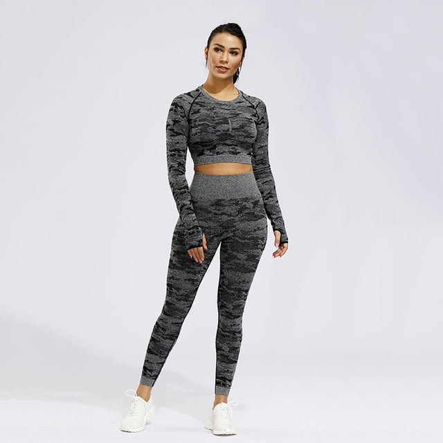 2PCS Camo Seamless Yoga Set Sportswear Women Fitness Clothing Booty Gym Leggings+Long Sleeve Crop Top Sport Suit Workout Clothes