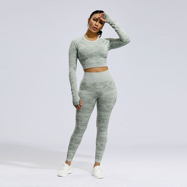 2PCS Camo Seamless Yoga Set Sportswear Women Fitness Clothing Booty Gym Leggings+Long Sleeve Crop Top Sport Suit Workout Clothes
