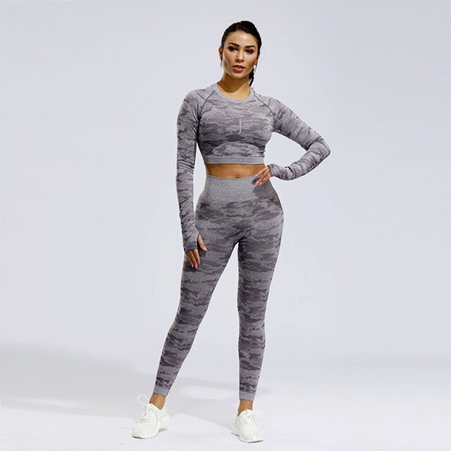 2PCS Camo Seamless Yoga Set Sportswear Women Fitness Clothing Booty Gym Leggings+Long Sleeve Crop Top Sport Suit Workout Clothes