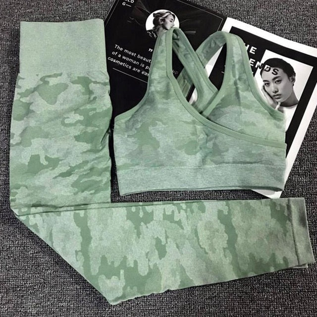 SALSPOR Camo Seamless Yoga Set Women Shark Fitness Clothing Camo Leggings + High Impact Sport Bra 2 Pcs Gym Sportswear Tracksuit
