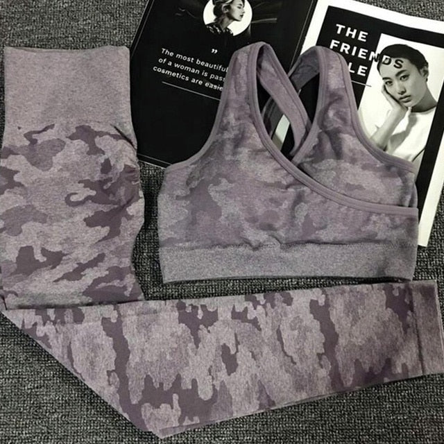 SALSPOR Camo Seamless Yoga Set Women Shark Fitness Clothing Camo Leggings + High Impact Sport Bra 2 Pcs Gym Sportswear Tracksuit