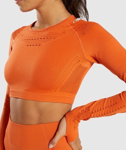 Women Seamless Yoga Sets Workout Clothes for Women Long Sleeve Crop Top + Mesh Leggings Running Sport Suit Gym Clothing 2 Pieces