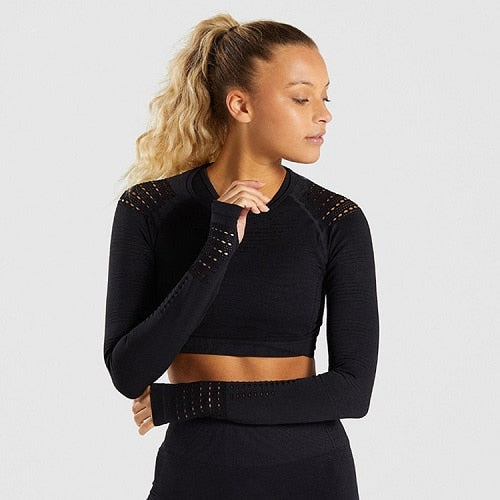 Women Seamless Yoga Sets Workout Clothes for Women Long Sleeve Crop Top + Mesh Leggings Running Sport Suit Gym Clothing 2 Pieces