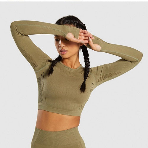 Women Seamless Yoga Sets Workout Clothes for Women Long Sleeve Crop Top + Mesh Leggings Running Sport Suit Gym Clothing 2 Pieces