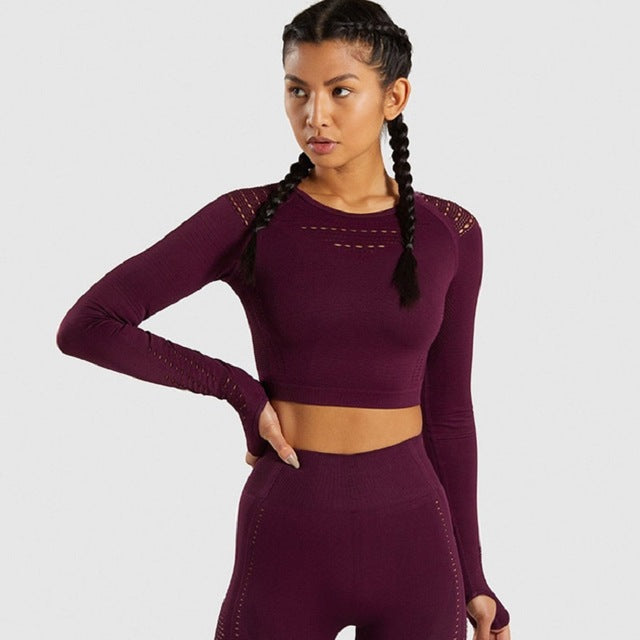Women Seamless Yoga Sets Workout Clothes for Women Long Sleeve Crop Top + Mesh Leggings Running Sport Suit Gym Clothing 2 Pieces