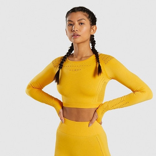Women Seamless Yoga Sets Workout Clothes for Women Long Sleeve Crop Top + Mesh Leggings Running Sport Suit Gym Clothing 2 Pieces