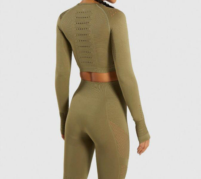 Women Seamless Yoga Sets Workout Clothes for Women Long Sleeve Crop Top + Mesh Leggings Running Sport Suit Gym Clothing 2 Pieces