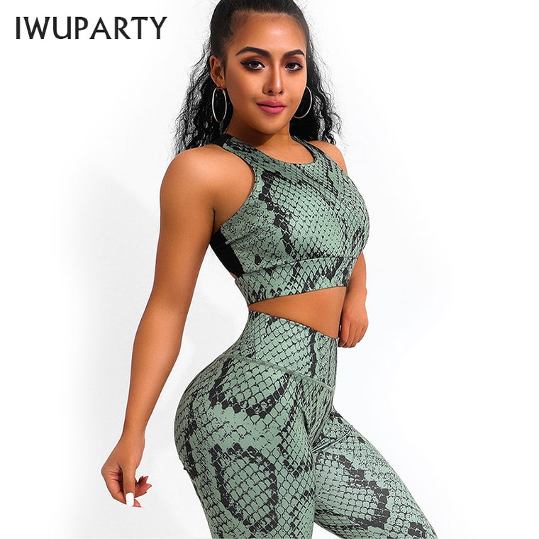 2 peça sexy cobra impressão conjunto de yoga mulheres workout ginásio roupas esportivas leggings de fitness ropa deportivas mujer correndo senhoras terno
