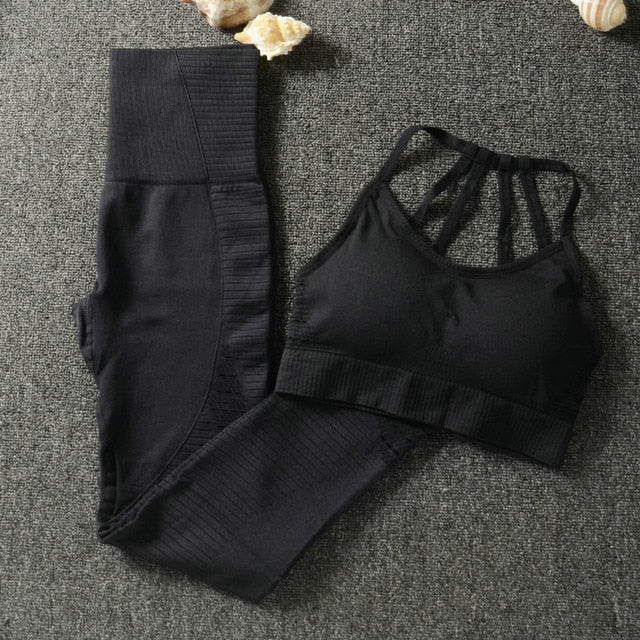 2PCS Yoga Set Strappy Bra Seamless Leggings Women Gym Fitness Clothing High Waist Yoga Leggings Set Running Sportswear Tracksuit