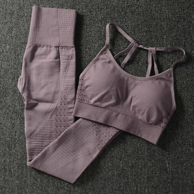 2PCS Yoga Set Strappy Bra Seamless Leggings Women Gym Fitness Clothing High Waist Yoga Leggings Set Running Sportswear Tracksuit