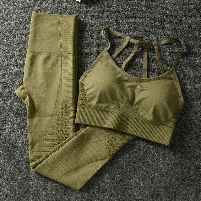 2PCS Yoga Set Strappy Bra Seamless Leggings Women Gym Fitness Clothing High Waist Yoga Leggings Set Running Sportswear Tracksuit