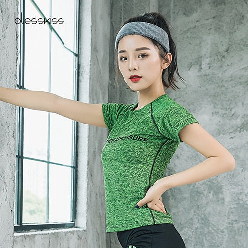 BLESSKISS Yoga Shirt Sport Running Quick Dry Tank Elastic Fitting Tshirt Fitness Women GYM Top Clothing Workout T Shirt Wear